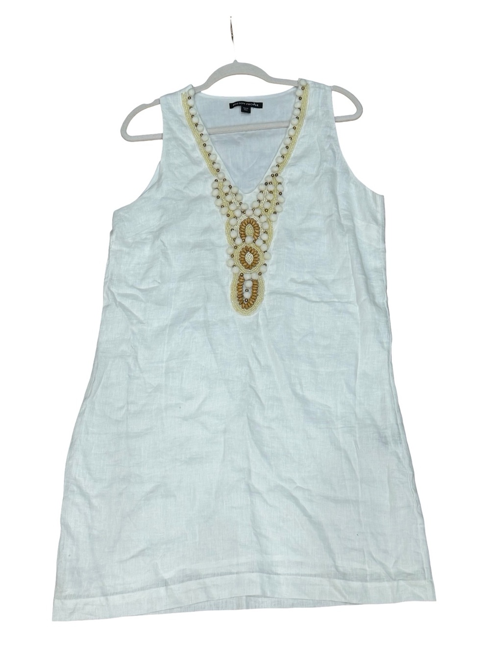 ✨ Boston Proper Linen White Shift Dress Yellow Gold Beaded Detail Size Medium - Picture 3 of 13